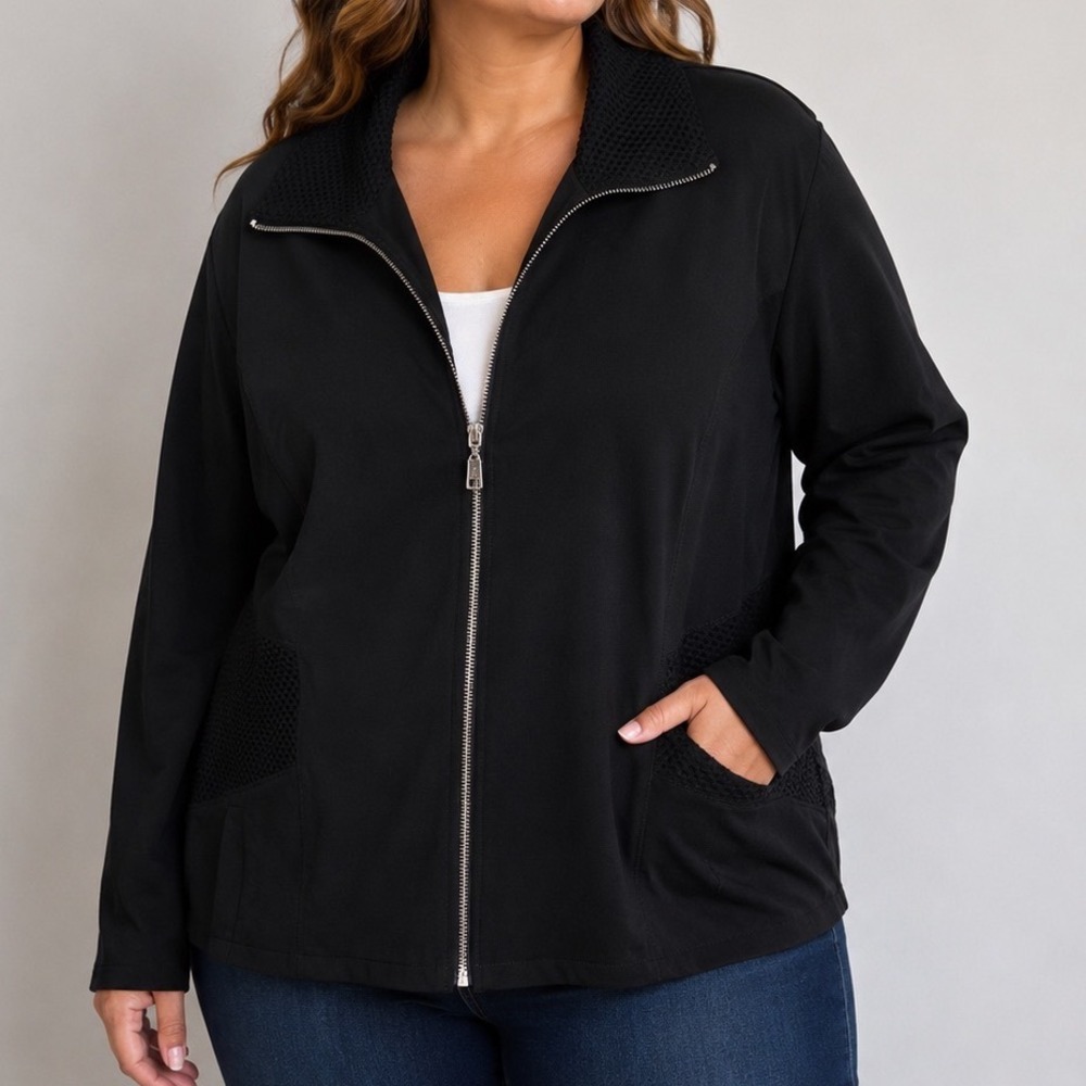 Chico's Zenergy Jacket Women's XL Black Zip Front Mesh Trim Athleisure Travel